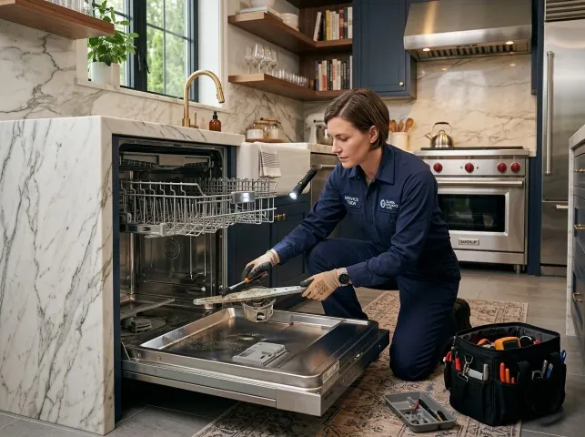Appliance Repair Hero technician servicing a built-in dishwasher in a Allison, IA kitchen