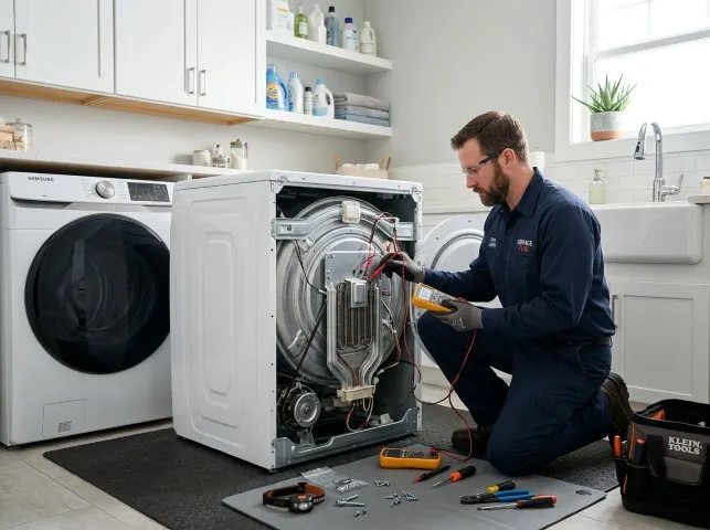 Appliance Repair Hero technician checking a dryer heating element with the rear panel off in Allison, IA