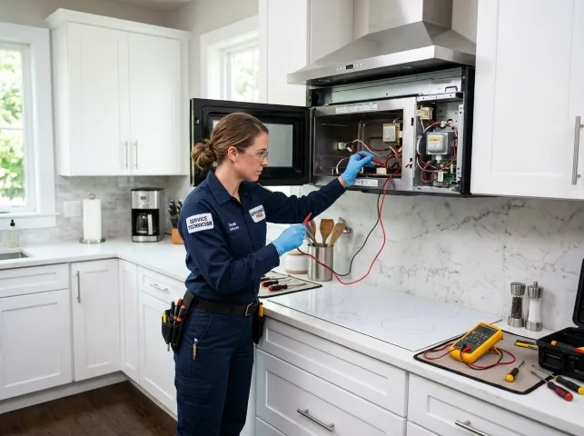 Appliance Repair Hero technician testing an over-the-range microwave in a Allison, IA kitchen