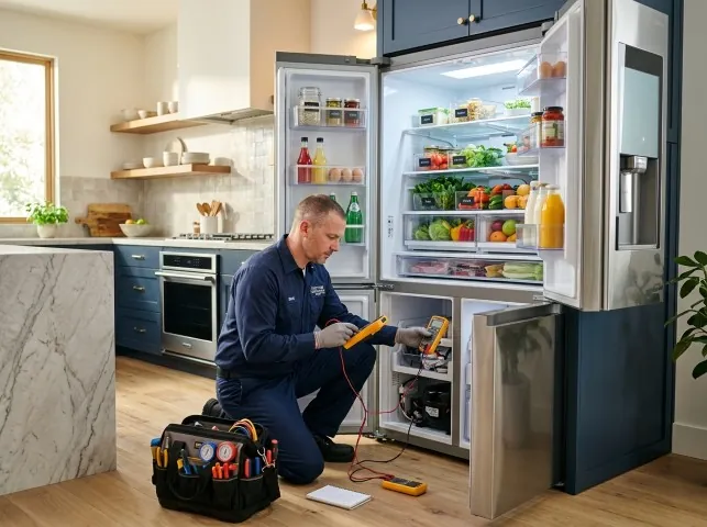 Appliance Repair Hero refrigerator technician testing a fridge on a Allison, IA service call