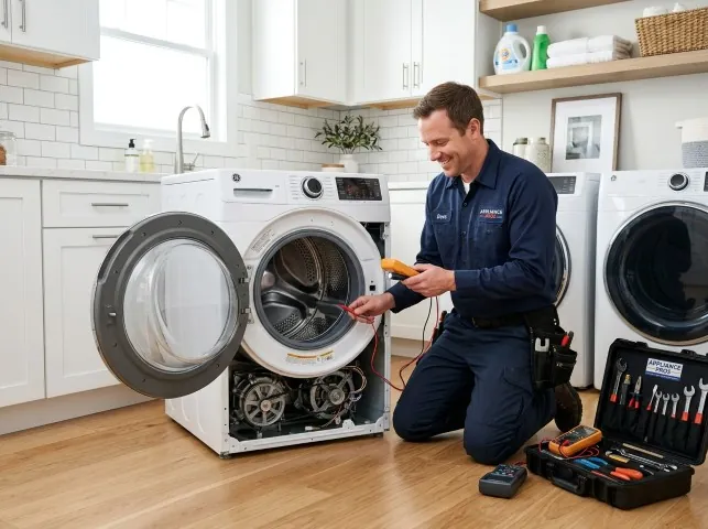 Appliance Repair Hero technician testing a front-load washer with a multimeter on a Allison, IA service call